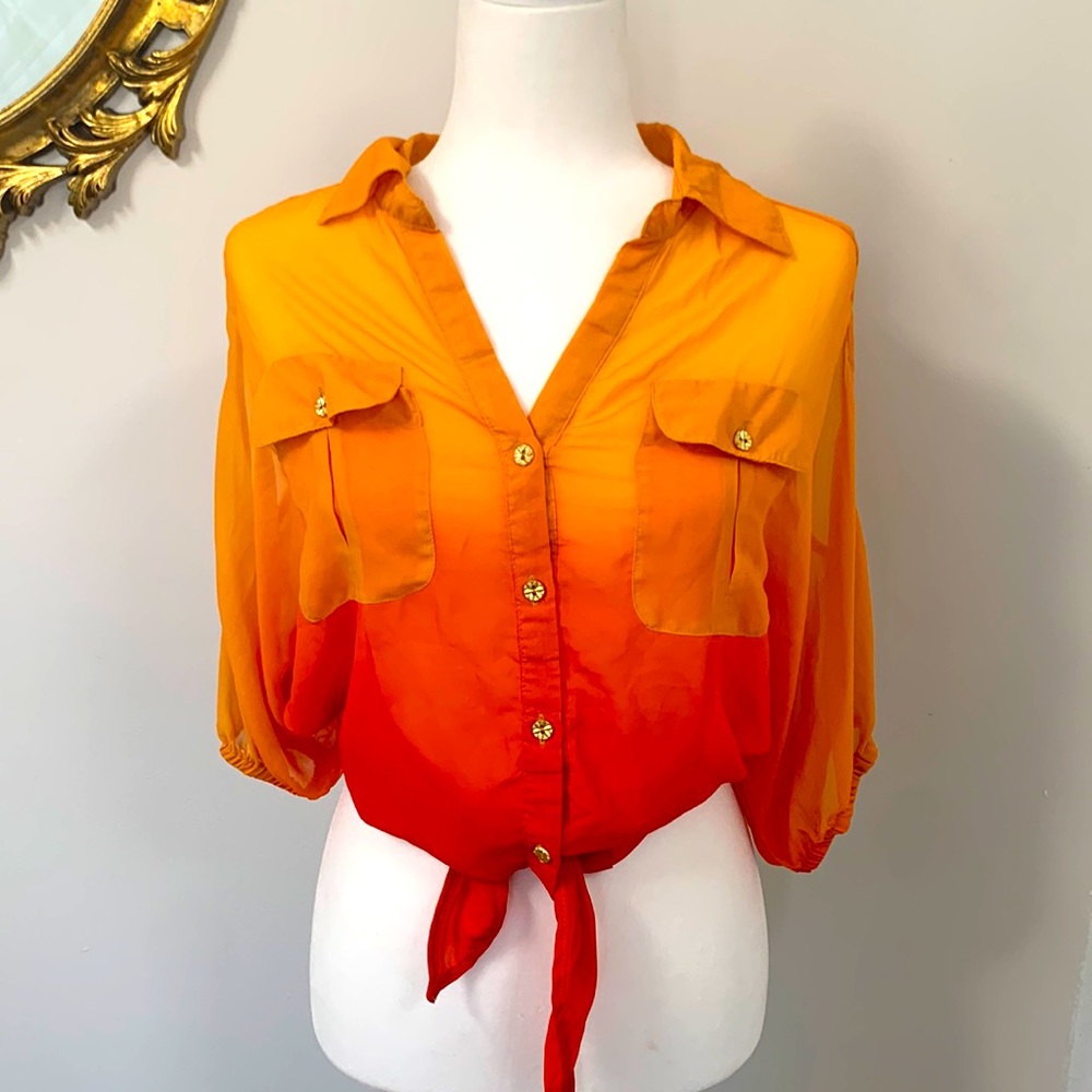 XOXO cut out ombre sunset sheer blouse